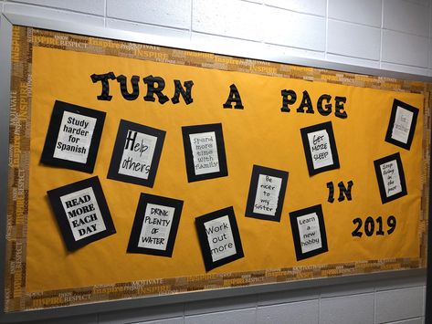 New Years Library Bulletin Boards, New Year Library Display, New Years Resolution Board, New Year Resolution Board, Resolution Board, Spanish Help, Winter Display, School Library Displays, Library Bulletin Board