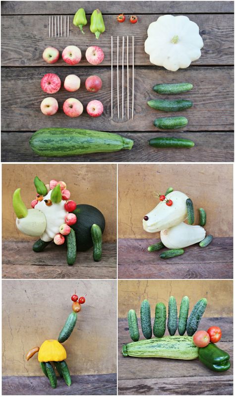 How to Make Cute Vegetable Animals. What a fun and creative way to get kids interested in eating veggies. Animals Out Of Vegetables, Decorated Vegetables, Eating Veggies, Vegetable Crafts, Vegetable Animals, Deco Fruit, Veggie Art, Hello Wonderful, Vegetable Art