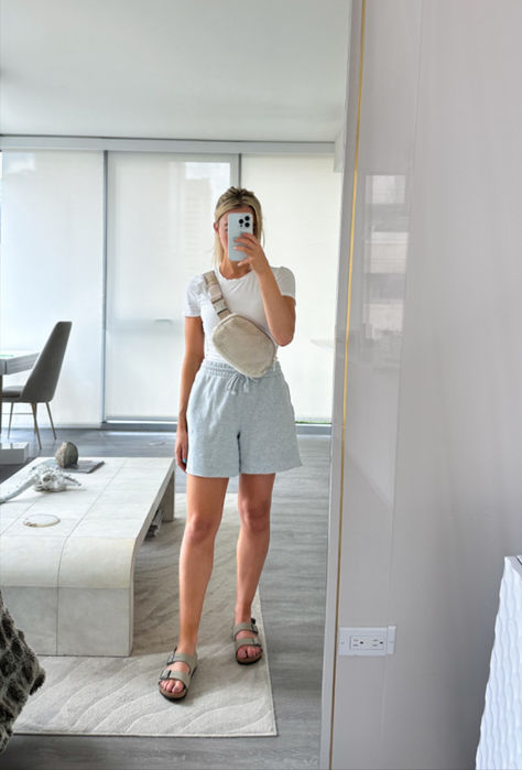 summer comfy outfit, sweatpant shorts, Aritzia outfit, birkenstock sandals, lululemon belt bag outfit, white tee shirt, weekend lounge outfit, casual summer outfit Lululemon Belt Bag Outfit, Summer Comfy Outfit, Aritzia Outfit, Earring Bar, Belt Bag Outfit, Sweatpant Shorts, Lululemon Belt Bag, Bar Earring, Dainty Wedding