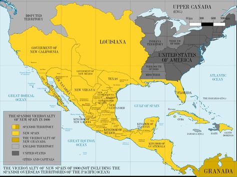 The Viceroyalty of New Spain in 1800 [1450x1084] The Oregon Trail, Michael Crichton, New Spain, Texas History, Alternate History, Old Maps, Fantasy Map, Us History, Historical Maps