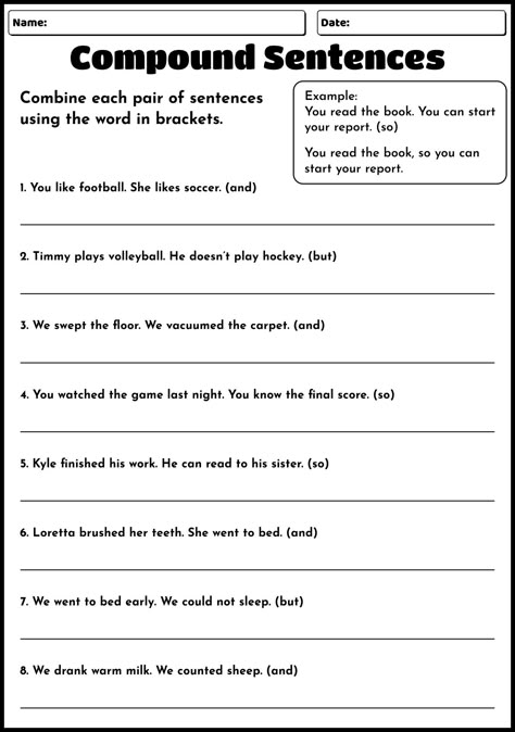 First Grade Compound Sentences Teaching Compound Sentences, Constructing Sentences Worksheets, Making A Sentence, Compound Sentences Activities, Compound Sentences Worksheets, Teaching Fables, Practice Writing Sentences, Simple Sentences Worksheet, Compound Sentence