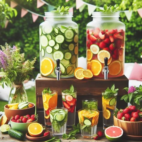 25 Cool Drink Stations For Outdoor Parties » HomeDecorFull Outdoor Party Drink Station, Drink Stations For Parties, Mocktail Drink Dispenser, Drink Area For Party, Lemonade Bar Beverage Stations, Drink Station Ideas Party, Water Station Ideas, Drink Ideas For Party, Big Wedding Reception