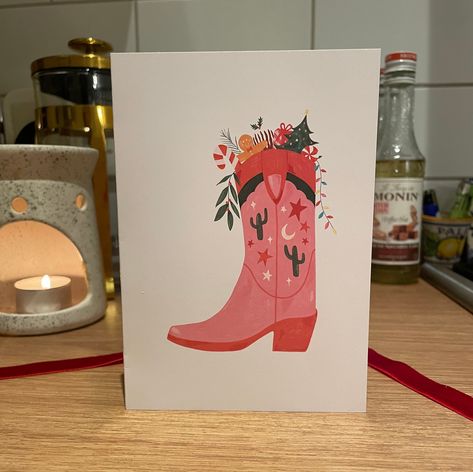 Diy Christmas Cards Aesthetic, Cowboy Boot Illustration, Cowboy Boot Art, Boot Illustration, Vintage Drawings, Christmas Boots, Santa Boots, Stocking Hat, Flamingo Christmas