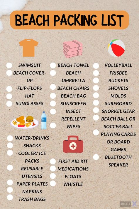 Beach Packing List Beach Trip Packing List, Beach Trip Packing, Summer Bag Essentials, Trip Essentials Packing Lists, Beach Packing List, Beach List, Beach Vacation Packing, Beach Vacation Packing List, Packing Essentials List