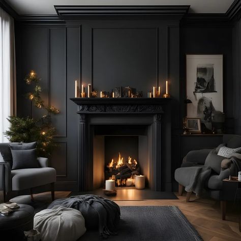 Elegant Dark Academia, Academia Living Room, Moody Western, Dark Academia Living Room, Academia House, Dark Academia Interior, Grey Fireplace, Snug Room, Aesthetic Living Room