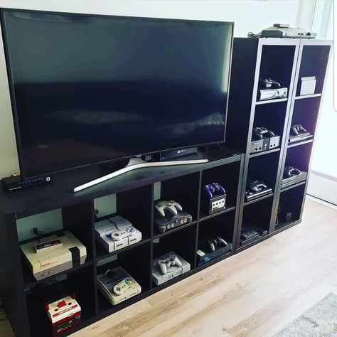 Game Console Display Ideas, Game System Organization, Game Console Organization, Video Game Console Storage, Game Console Shelf, Video Game Shelf, Video Game Organization, Video Game Storage, Games Room Inspiration