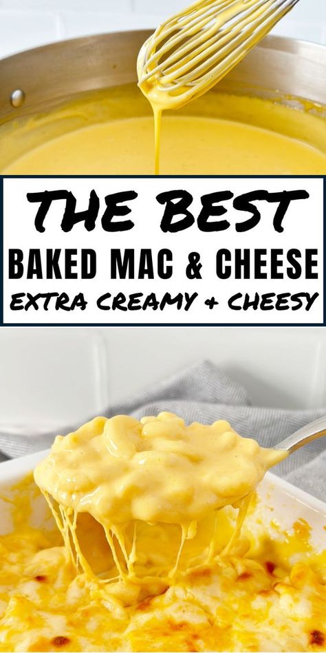 The BEST Mac and Cheese recipe that is extra creamy and cheesy. Oven baked with four cheeses, spices, and macaroni pasta. Must make side dish for potlucks and holiday dinners. Cheesy Creamy Mac And Cheese, Mac Cheese Sauce Recipe, Saucy Mac And Cheese, Creamy Macaroni And Cheese Recipe, Baked Creamy Mac And Cheese, Creamy Mac And Cheese Recipe Baked, Creamy Mac N Cheese Recipe, Baked Mac And Cheese Recipe Easy, Easy Creamy Mac And Cheese