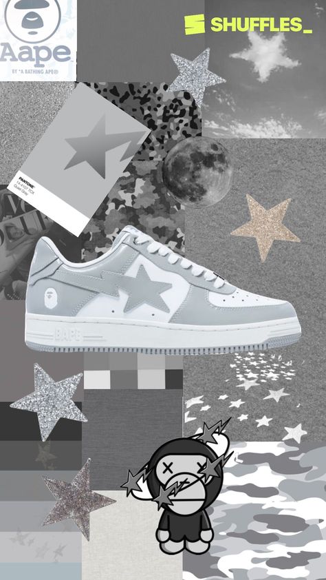 #outfitinspo #outfit #fashion #aape #abathingaape #bape #bapesta #stars #stargirl #wallpaper #collage #inspo #grey #sneakers #shoes #viral #gray Bape Star Shoes, Bape Shoes Outfit, Stargirl Wallpaper, Bape Star, Bapesta Shoes, Bape Shoes, Wallpaper Collage, Shoes Grey, Star Shoes