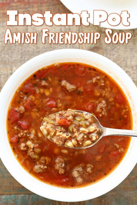 Instant Pot Amish Friendship Soup--a delicious soup mix that you can make and eat now or layer in glass jars and give as gifts! With ground beef, whole grains and legumes it is hearty and will keep you full. Amish Friendship Soup, Friendship Soup, Amish Chicken, Winter Foods, Instant Pot Soup Recipes, Instant Pot Soup, Savory Chicken, Amish Recipes, Winter Soups