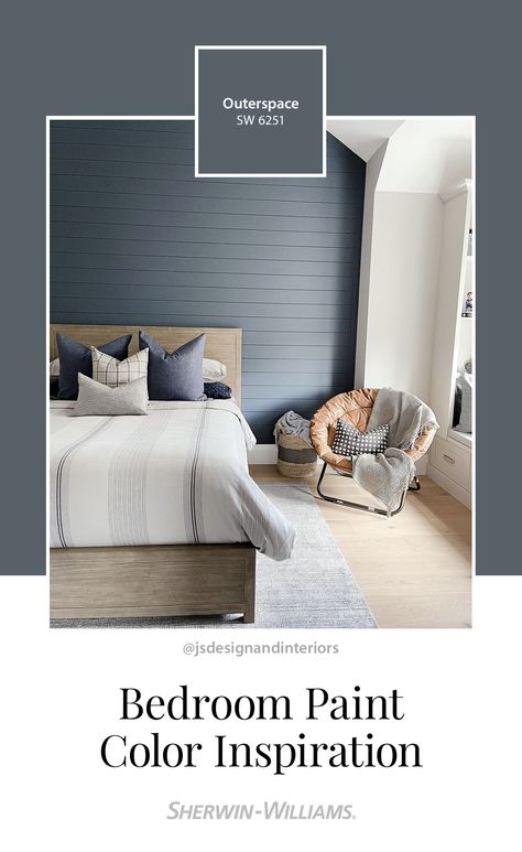 A calming space doesn't need to be boring. Bring a sense of serenity to your bedroom with a bold color like Outerspace SW 6251, shared by @jsdesignandinteriors (on Instagram). Tap to order free color chips. #sherwinwilliams #DIY #color #inspiration #colorinspiration #bedroom #boldbedroom #bedroompaint #bluebedroom #bluepaint Sw Niebla Azul Bedroom, Sw Outerspace Bedroom, Bedroom Wall Trim Ideas, Teen Boys Bedroom Paint Colors, Outerspace Sherwin Williams, Sw Underseas, Boys Paint Colors Bedroom, Boy Room Paint Colors, Boys Bedroom Paint Colors