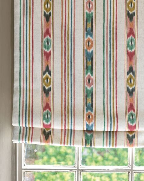 A modern take on the traditional ikat stripe, this Sitari Stripe is a exquisitely textured print is enriched by its vibrant popping colour combinations, such as emerald with electric blues or ruby reds with pink, gold and lime. Striking when used in its own right or when layered with other coordinating fabrics. #blinds #fabric #fabricdesigns #interiorinspo #inspointeriors #interiordesign Mc Living Room, Ikat Stripe, Annie Sloan Paint Colors, Magnolia Colors, Jane Churchill, Cottage Wallpaper, Nautical Wallpaper, House Mood Board, Headboard Styles