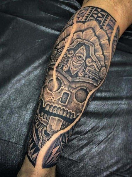 80 Popular Aztec Tattoos for Men in 2022 - The Trend Spotter Aztec Warrior Tattoo Men, Symbols For Tattoos, Aztec History, Aztec Sleeve, Aztec Warrior Tattoo, Aztec Tattoos Sleeve, Outer Forearm Tattoo, Mayan Tattoos, Aztec Tattoos