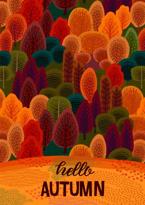 Autumn season with autumn forest. Download the vector at freepik.com now! #Freepik #vector #background #autumn #card Autumn Graphic Design Illustration, Autumn Season Drawing, Autumn Forest Illustration, Seasonal Paintings, Painted Drawings, Paint Autumn, Autumn Drawing, Season Art, Tree Autumn