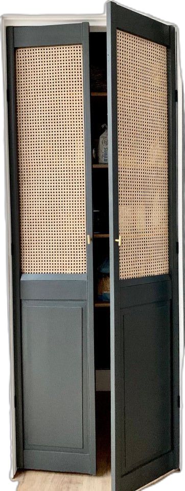 Rattan Built In Wardrobe, Rattan Cupboard Doors, Cane Bedroom Ideas, Rattan Cupboard, Laundry Cupboard, Laundry Doors, Bedroom Cupboards, Laundry Room Doors, Built In Cabinet