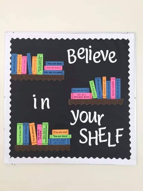 Preschool Classroom Library Decor, Book Shelfie Template, Bulletin Board Ideas For Reading Teacher, Elementary School Library Bulletin Board Ideas, All Characters Welcome Library, Believe In Your Shelf Bulletin Board, Funny Library Bulletin Boards, May Library Bulletin Board Ideas, Welcome To Your Next Chapter Bulletin Board