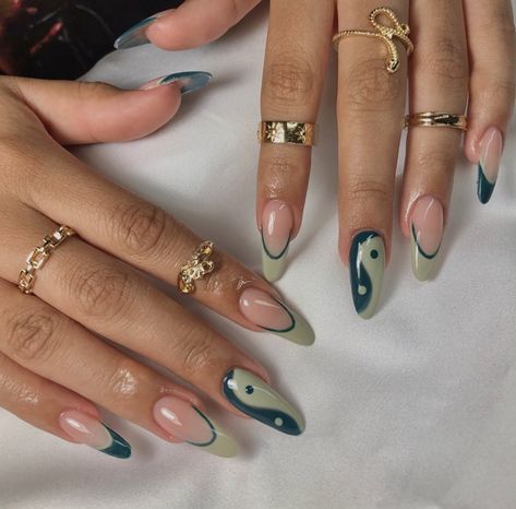 Ying Yang Nails Green, Oval Shaped Nails Designs Fall, Long Oval Acrylic Nails Designs, Oval Nail Inspiration, Yin And Yang Acrylic Nails, Yin Yang Almond Nails, Yin Yang French Tip Nails, Yin Yang Nail Designs, Almond Nails Green Design