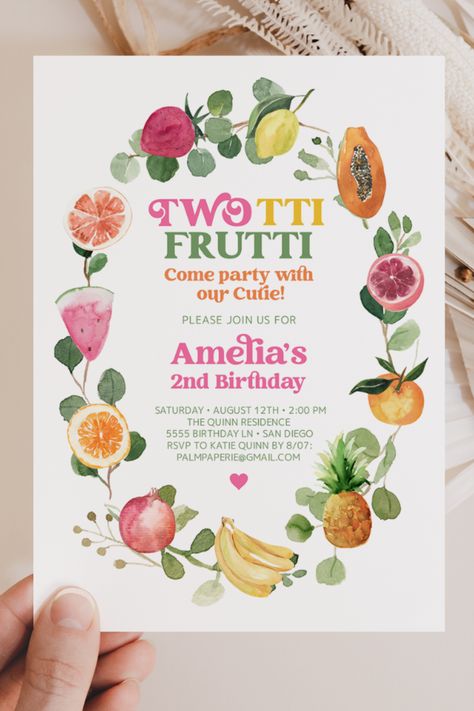 Two Frutti Birthday Party, Two To Fruity Birthday, 2 Year Birthday Theme Girl Summer, Twootie Fruity Party, Second Bday Party Ideas Girl, Summer Girl Birthday Party Ideas, Two Party Themes Girl, Second Girl Birthday Ideas, 2nd Bday Party Ideas