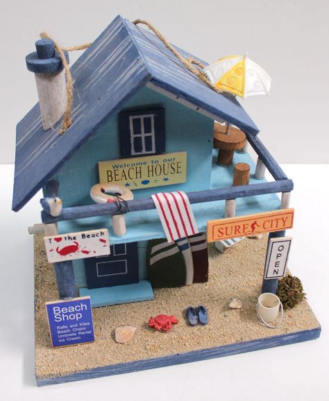 Surf City Beach House Bird House - from California Seashell Company Beach Fairy Garden, Homemade Bird Houses, Bird Houses Painted, Birdhouse Designs, Decorative Bird Houses, Beach Chair Umbrella, Bird Houses Diy, Surf City, Casa Exterior