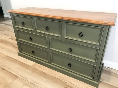 Upcycled Green Furniture, Big Dresser Makeover, Grey Green Furniture Paint, Olive Dresser Makeover, Sage Green Chalk Paint Dresser, Green Drawers Painted Furniture, Dresser Makeover Sage Green, Green Dresser With Wood Top, Two Tone Green Dresser