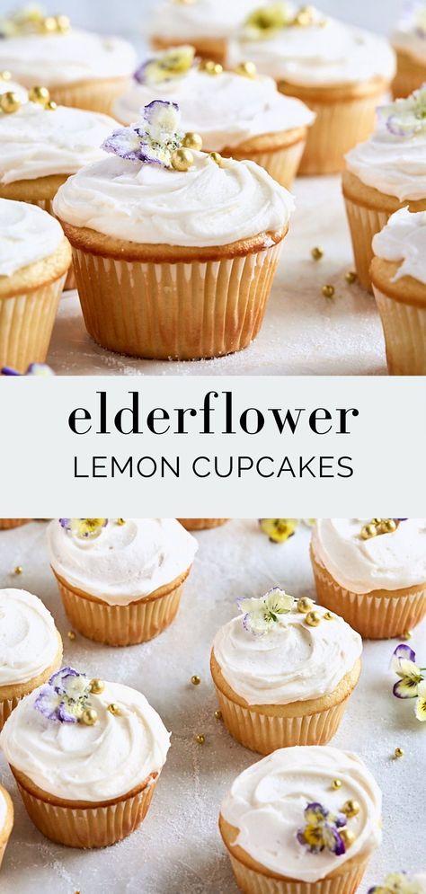 Lemon Elderflower Cake, Herbal Cupcakes, Spring Flavored Cupcakes, Herb Cupcakes, Bridgerton Cupcakes, Elderflower Dessert, Unique Easter Desserts, Nature Cupcakes, Cupcake Recipie