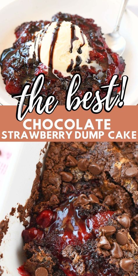 Chocolate Strawberry Dump Cake - This Chocolate Strawberry cake dessert recipe is a great way for home bakers to celebrate the season of comfort! This easy cake can be put together in just minutes. The best part? Dump cakes are perfect for those who have little baking experience or time on their hands, as they require no frosting or fussing with complicated layers. Plus- this Strawberry Chocolate version of the classic dessert contains only 4 ingredient items! via @savvysavingcoup Berry Dump Cake, Chocolate Cherry Dump Cake, Chocolate Strawberry Desserts, Strawberry Dump Cake, Cherry Pineapple Dump Cake, Cherry Dump Cake Recipe, Pineapple Dump Cake, Chocolate Dump Cake, Easy Dump Cake Recipe