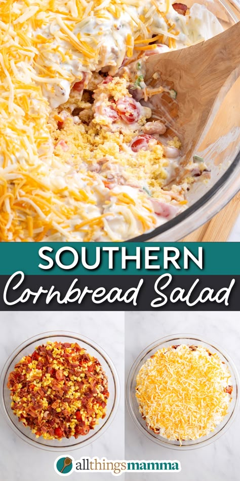 collage image showing a close up of Southern Cornbread Salad and two steps to make Southern Cornbread Salad. Southern Cornbread Salad, Classic Cornbread, Cornbread Salad, Southern Cornbread, Layered Salad, Bread Salad, Easy Holiday Recipes, Corn Salad, Corn Salads