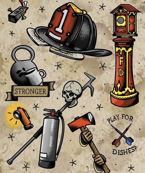 Fire Service Tattoo, Traditional Fireman Tattoo, Ems Tattoos Emt, American Traditional Firefighter Tattoo, Firemen Tattoo Ideas, Traditional Firefighter Tattoo, Fire Truck Tattoo, Fire Dept Tattoos, Firefighter Tattoo Ideas