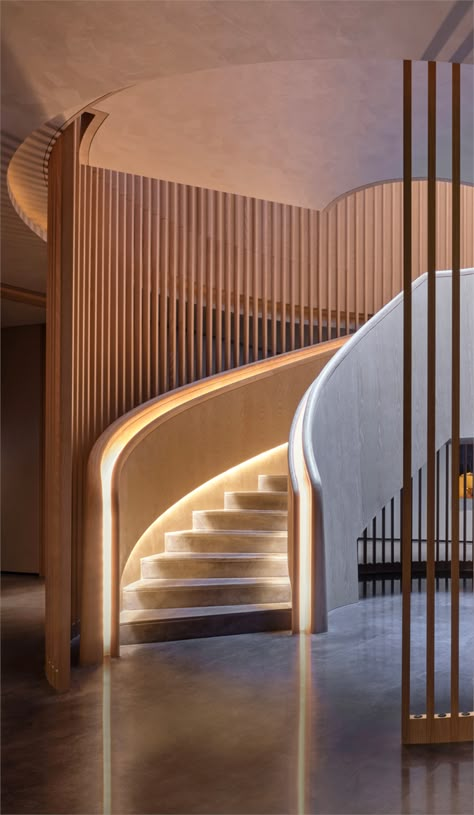 Commercial Stair Design, Plaster Spiral Staircase, Hotel Staircase Design, Wood Railing Design, Monumental Staircase, Monumental Stair, Hotel Staircase, Feature Staircase, Rock Pigeon