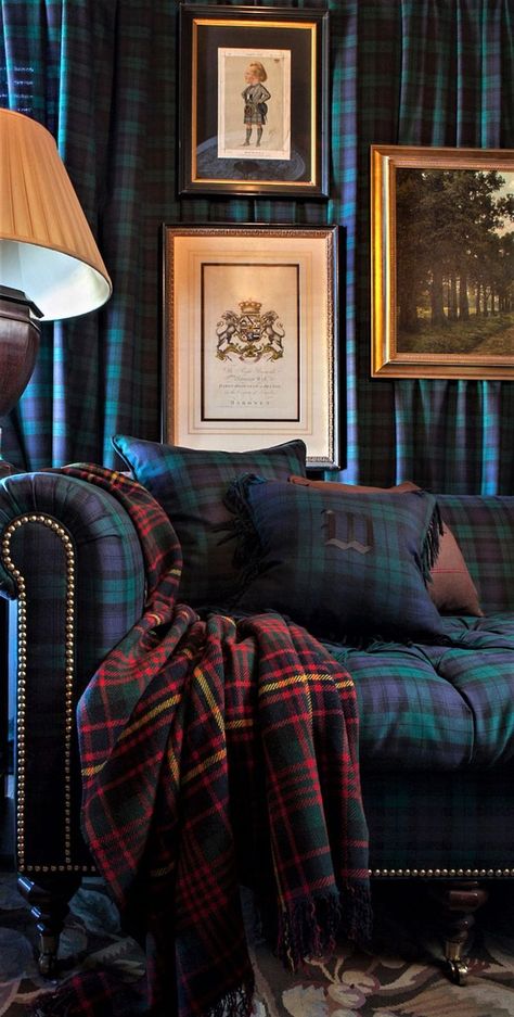 Tartan Interior Design, Plaid Couch Living Room, Coorie Scottish Interior, Plaid Couch, Classic Office Interior, Scottish Decor, Plaid Sofa, High Point Furniture Market, Victorian Sofa