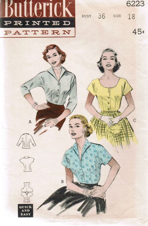 Vintage Blouse Pattern, Womens Blouse Pattern, Vintage Clothes Patterns, 1950s Sewing Patterns, Retro Sewing Patterns, Vintage Dress Patterns, Butterick Pattern, Blouse Pattern Sewing, Kimono Sleeves