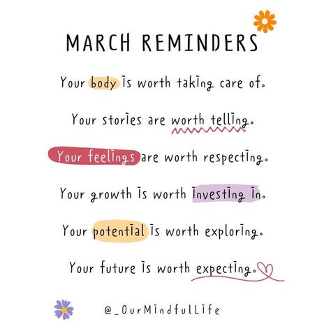 Our Mindful Life on Instagram: "If you’ve been neglecting your emotions, self-care, and overall well-being, why not pick them back up this month? Wellness March is totally doable with a bit of time and intention each day and a lot of love for yourself. #ourmindfullife #march #marchquotes #reminder #selflove #selfcare #youareworthy #knowyourworth" March Quotes Month Of, March Intentions, March Quotes, Encouragement Strength, Calendar Quotes, Love For Yourself, Our Mindful Life, March Themes, Monthly Quotes