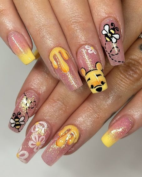 Winnie The Pooh Nail Art Simple, Winnie The Pooh Nail Art, Pooh Nail Art, Winnie The Pooh Nails, Pooh Bebe, Sky Blue Nails, Pink Nail Colors, Skincare For Oily Skin, Pooh And Friends