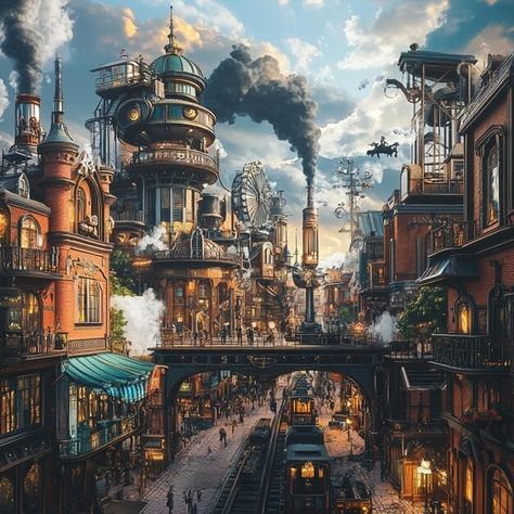 Comic cartoon steampunk victorian city vectors, photos and PSD files | Free download Steampunk House Concept Art, House Concept Art, Victorian City, Village Square, House Concept, Steampunk House, City Vector, Steampunk Victorian, Comic Cartoon