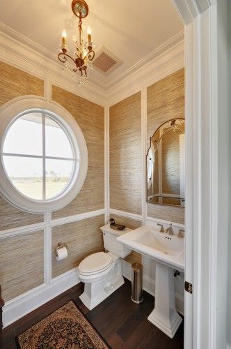 window is super cool in powder bath Grass Wallpaper, Round Window, Powder Bath, Grasscloth Wallpaper, Beautiful Bathrooms, Bathroom Inspiration, Of Wallpaper, My Dream Home, Powder Room