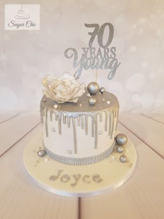 Silver Drip Birthday Cake - cake by Sugar Chic - CakesDecor Bling Birthday Cake, Drip Birthday Cake, Bling Cakes, White Birthday Cakes, 70th Birthday Cake, Silver Wedding Cake, Chocolate Balls, 60th Birthday Cakes, Elegant Birthday Cakes