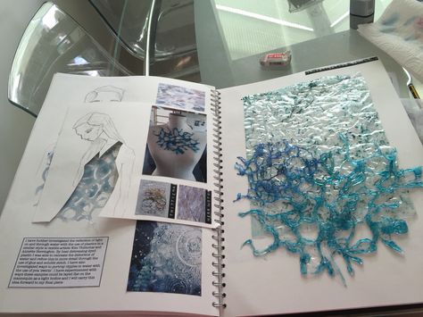 Sketchbook page investigative water sample final pages. Textiles Gcse Coursework, Water Textile Art, Water Textiles Fashion, Textiles Inspired By Water, Water Inspired Textiles, Accessories Portfolio, Gcse Textiles Water, Textiles Alevel, Water Gcse Art