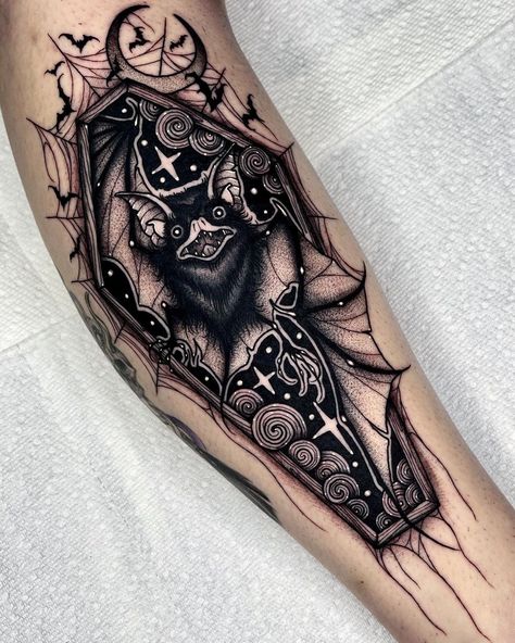 Bat Tattoo Drawing, Traditional Bat Tattoo, Gothic Tattoo Ideas, Chris Tattoo, Coffin Tattoo, Bats Tattoo Design, Shin Tattoo, Bat Tattoo, Wicked Tattoos