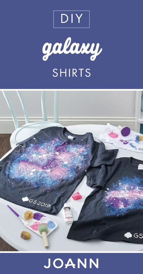 For a craft that’s out of this world, check out these DIY Galaxy Shirts from JOANN! This beginner-friendly craft would be such a fun weekend activity for you and your kids. Click to find the full project tutorial. Galaxy Shirt Diy, Diy Galaxy Party Decorations, Diy Space Shirt, Galaxy Diy Decorations, Out Of This World Crafts, Outta This World Theme, Galaxy Diy Crafts, Diy Galaxy Decor, Space Theme Party Decorations Diy