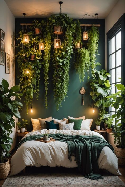 Jungle Bedroom, Forest Bedroom, Boho Style Bedroom, Dream Bedroom Inspiration, Bedroom Plants, Green Walls, Green Bedroom, Green Room, Bohemian Bedroom