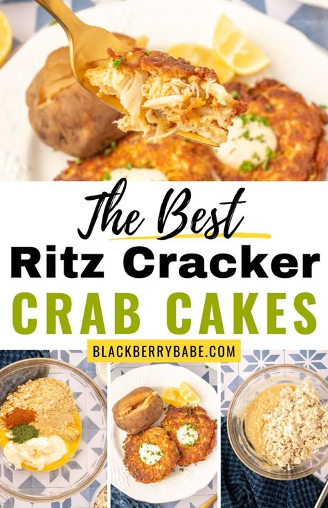 a collage of photos about crab cakes Crab Cakes With Ritz Crackers Recipe, Crab Cakes Ritz Crackers Recipe, Lobster Crab Cakes, Ritz Cracker Fish Recipes, Ritz Cracker Seafood Stuffing Crab Meat, Crab Cakes Canned Crab Meat, Crab And Shrimp Cakes Recipe, Crab Cakes With Ritz Crackers, Crab Cake Topping