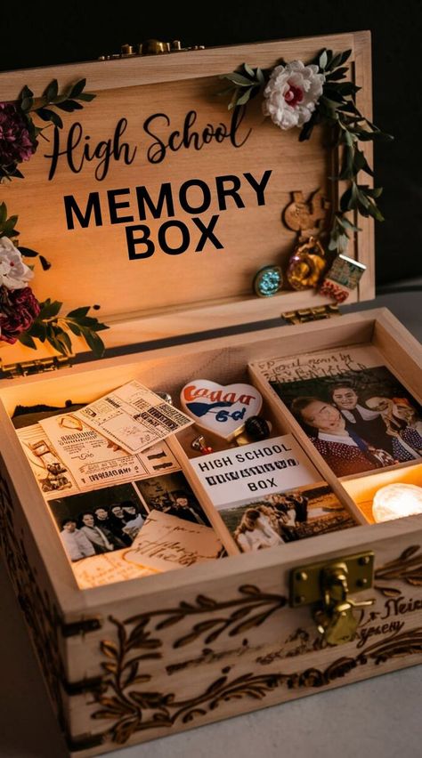 senior box ideas Senior Box Ideas, Last Year Of High School, Highschool Graduation, Senior Year Things, Sr 25, High School Memories, School Boxes, School Memories, High School Graduation