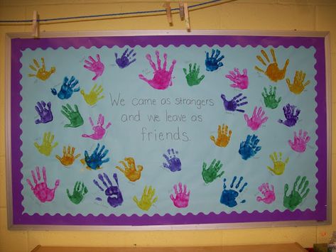 Handprint Classroom Decor, June Boards For Preschool, Hands Bulletin Board Ideas, May Board Ideas Preschool, Friend Bulletin Board Ideas, Handprint Bulletin Board Ideas, June Preschool Bulletin Boards, Preschool Graduation Bulletin Board, May Bulletin Board Ideas Preschool