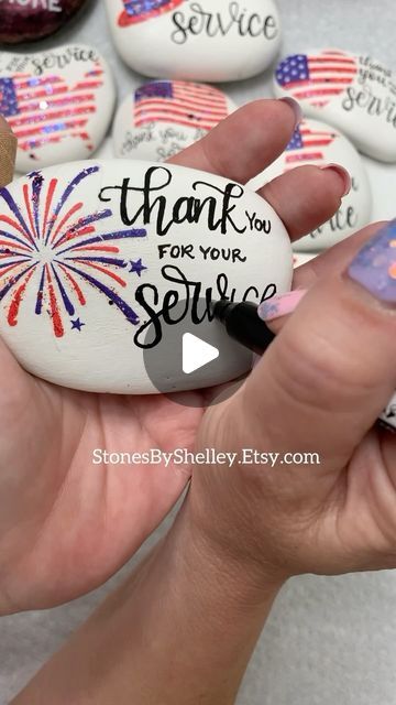 Shelley Clark Sizemore on Instagram: "Decoupage rocks for Veterans ❤️💙  Let’s do some hand lettering!   Thank you for your service!   Napkins : CraftsByDanaYint.Etsy.com   Rocks : StonesByShelley.Etsy.com   I’m using a POSCA 1MR pen and a cactus pen from amazon!   To follow along and paint at home, please view my previous videos for each step 😍  To all Veterans and active duty heroes : Thank you so much for your brave service ! You are appreciated ❤️💙  . . . . . . #paintedrocks #rockpainting #paintingrocks #paint #painting #art #artpainting #paintingart #posca #paintpens #patriotic #redwhiteandblue #america #thankyouforyourservice #thankaveteran #veteran #colorfulart #thankyou #thanks #handlettering #calligraphy #handcrafted #foryou #parati #thankful #grateful #manythanks #thursday #beh Decoupage Rocks, Veterans Appreciation, You Are Appreciated, Handlettering Calligraphy, Thank You Veteran, Painted Rocks Craft, What To Draw, Rock Ideas, Kindness Rocks