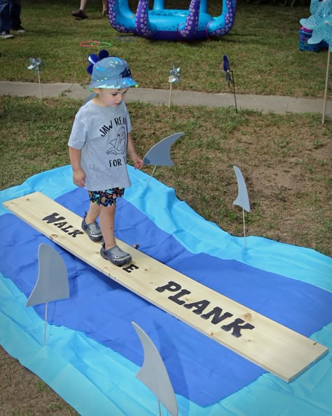 Four Year Old Shark Party, Walk The Plank Pirate Party, Shark Birthday Party Activities, Ocean Obstacle Course, Shark Dog Birthday Party, Ocean Theme Party Games, Shark 3rd Birthday Party, Shark Party Games, Shark Games For Kids