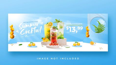 Premium PSD | Summer drink menu promotion facebook cover banner template Summer Drink Menu, Fb Banner, Drink Covers, Bottle Design Packaging, Banner Design Inspiration, Summer Banner, Food Banner, Refreshing Summer Drinks, Promotional Banners