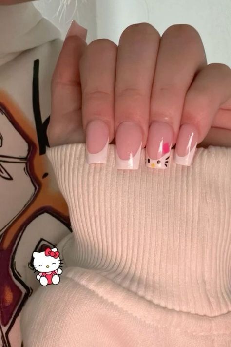 Paznokcie Hello Kitty, Feel Something, Hello Nails, Girly Acrylic Nails, Hello Kitty Nails, French Acrylic Nails, Short Square Acrylic Nails, Really Cute Nails, Soft Nails