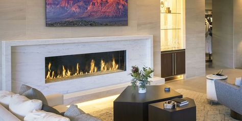 The DaVinci Collection Single-Sided Linear Gas Fireplace | DaVinci Custom Fireplaces™ Linear Gas Fireplace With Mantle, Recessed Gas Fireplace, Linear Fireplace Mantle, Linear Fireplace Surround, Linear Fireplace With Mantle, Fire Mantle, Linear Gas Fireplace, Contemporary Fireplace Designs, Fireplace Dimensions