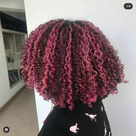 Pink Highlights Curly Hair Black Women, Curly Dyed Highlights, Magenta Curly Hair Black Women, Pink Hair Curly Natural, Colored Hair Curly Natural Curls, Half And Half Hair Color Dreads, Natural Hair Pink Highlights, Blonde Roots Pink Ends Natural Hair, Pink On Curly Hair