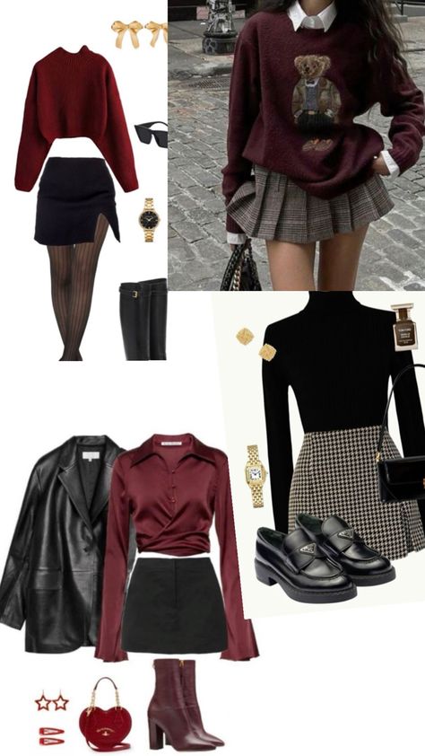 Burgundy Mini Skirt Outfit, Engage Photos, Brown Plaid Skirt Outfit, Maroon Skirt Outfit, Maroon Skirt, Black Skirt Outfits, Plaid Skirt Outfit, Check Skirt, Autumn Clothing