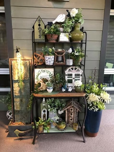 Outdoor Bakers Rack, Bakers Rack Decorating, Bakers Racks, Baker's Rack, Bakers Rack, Garden Decor Diy, Front Patio, Potting Bench, Front Porch Decorating